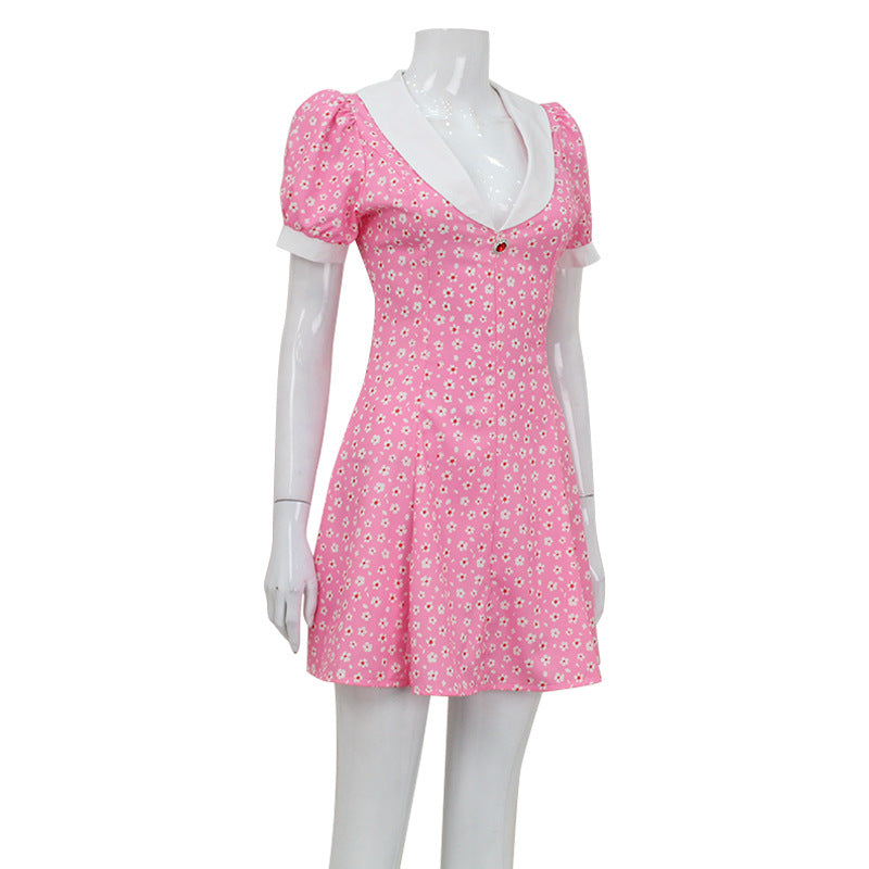Summer French Vintage Polo Collar Puff Sleeve Fresh Sweet Floral Dress Short Women