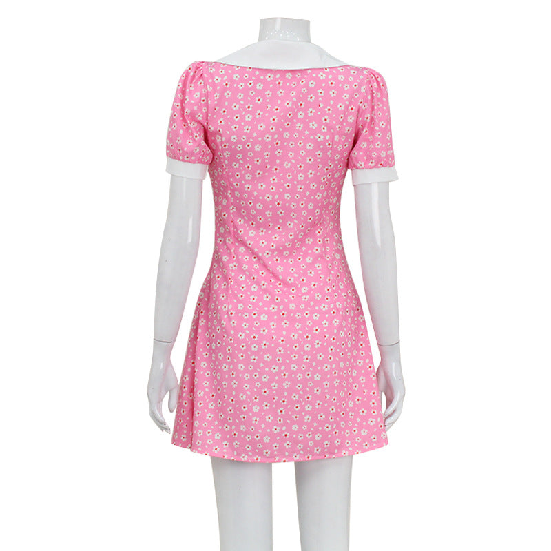 Summer French Vintage Polo Collar Puff Sleeve Fresh Sweet Floral Dress Short Women