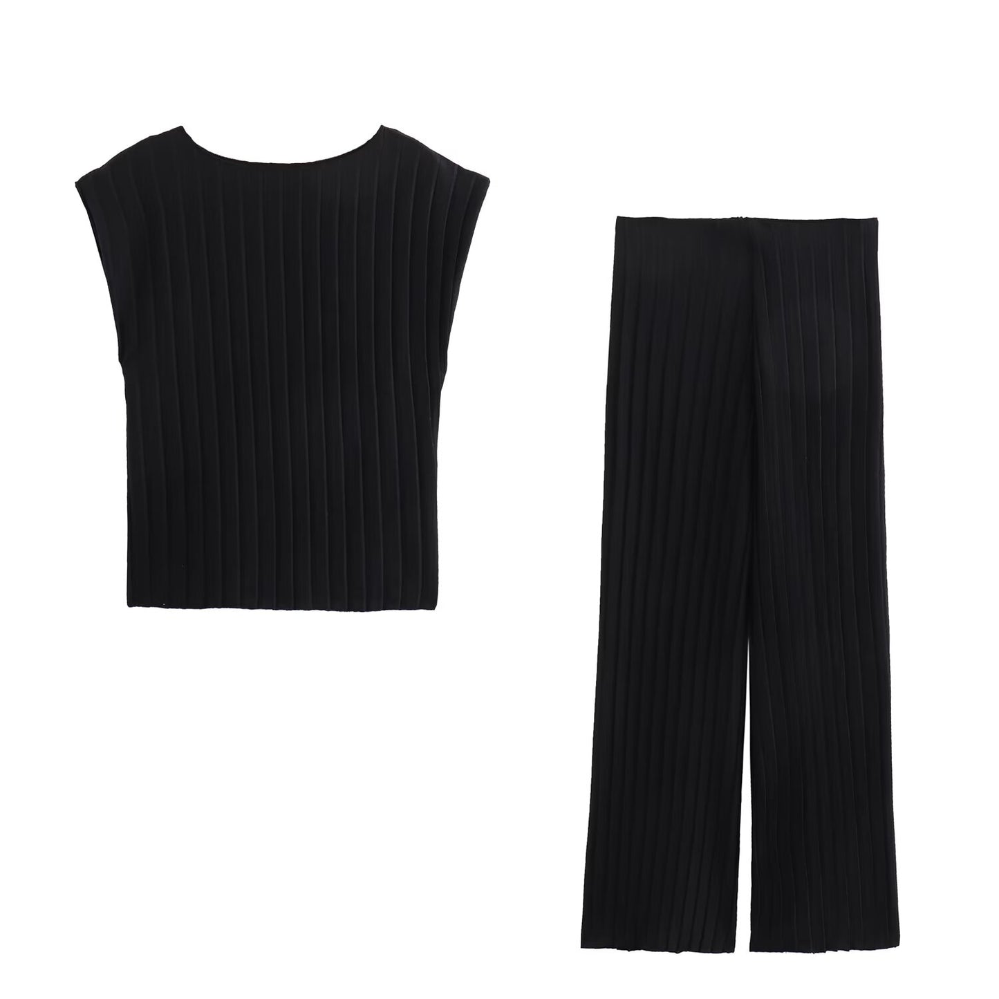 Design Pleated Short Sleeve T shirt Top Loose Straight Casual Pants Sets