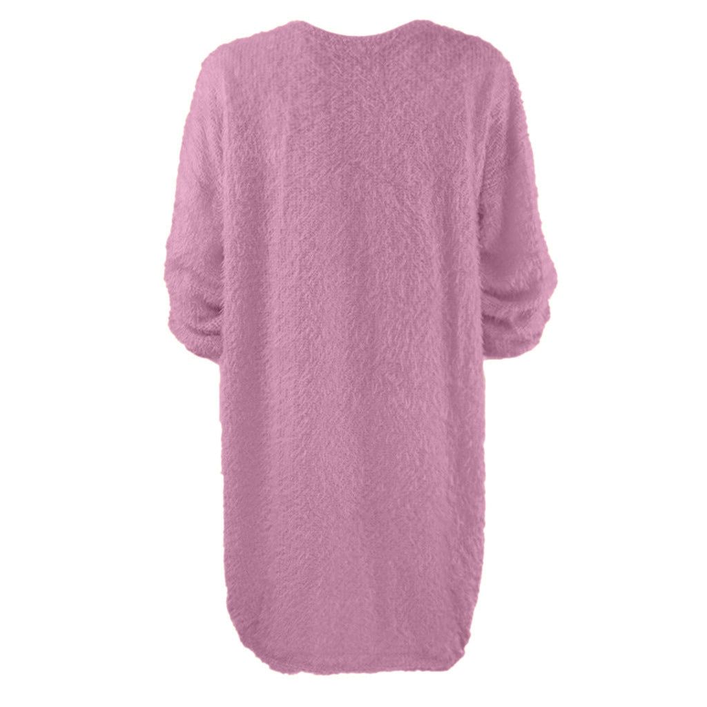 Autumn Winter Women Clothes Mid Length Long Sleeve Round Neck Loose Plush Dress