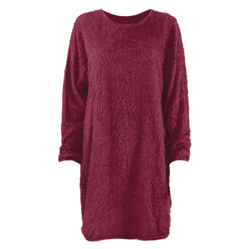 Autumn Winter Women Clothes Mid Length Long Sleeve Round Neck Loose Plush Dress