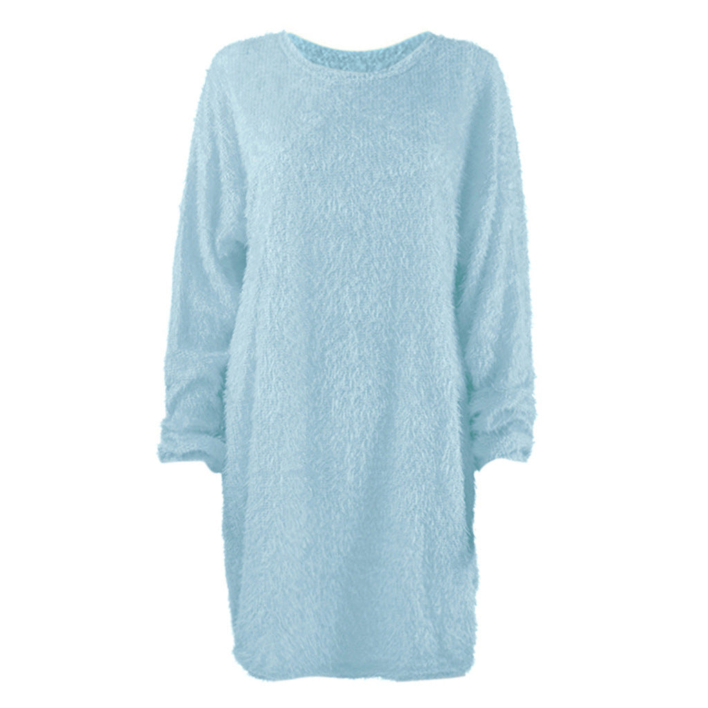 Autumn Winter Women Clothes Mid Length Long Sleeve Round Neck Loose Plush Dress