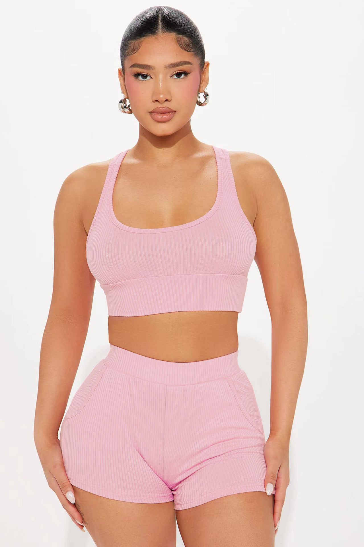 Women Clothing Casual Solid Color Rib Fabric Two Piece Set