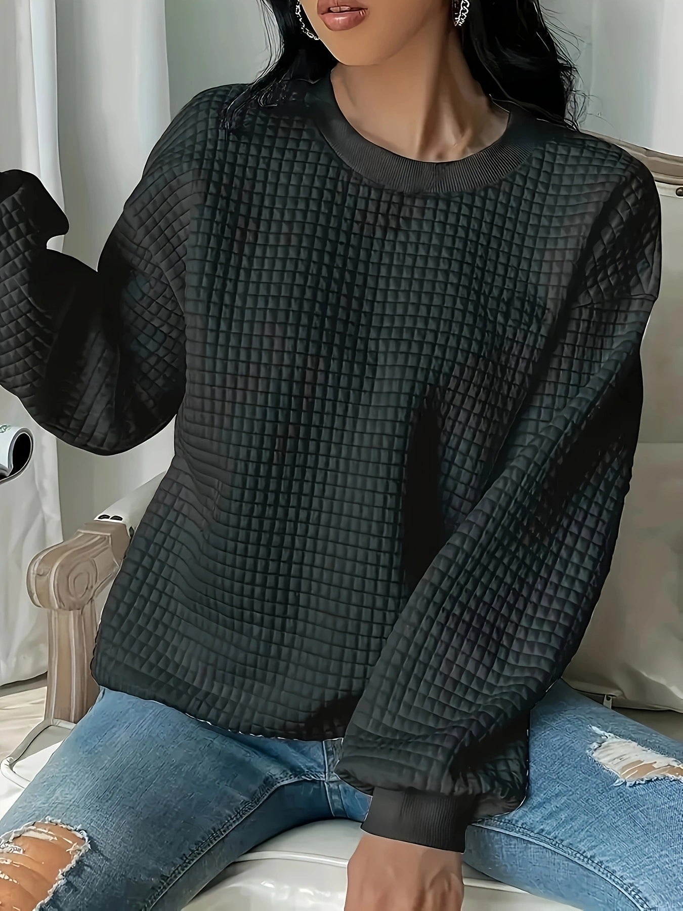 Fall Winter Round Neck Solid Color Long Sleeve Women Sweatshirt