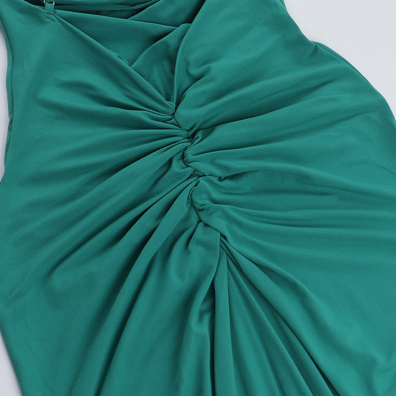 Women Backless Pleated Hip Bag Summer Casual Slim Holiday Maxi Dress