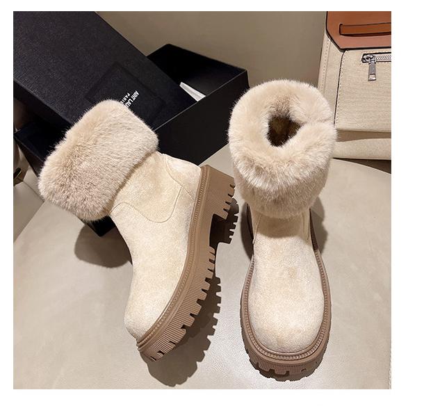 Furry Short Tube Platform Snow Boots Women round Toe Side Zipper Velvet Warm Cotton Shoes