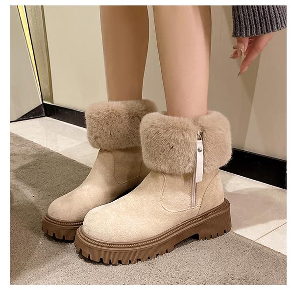 Furry Short Tube Platform Snow Boots Women round Toe Side Zipper Velvet Warm Cotton Shoes