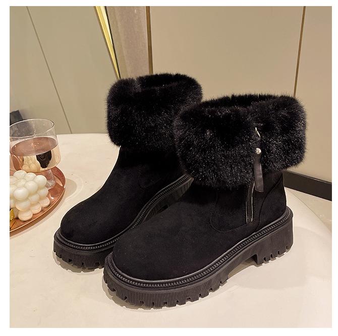 Furry Short Tube Platform Snow Boots Women round Toe Side Zipper Velvet Warm Cotton Shoes