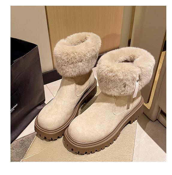 Furry Short Tube Platform Snow Boots Women round Toe Side Zipper Velvet Warm Cotton Shoes