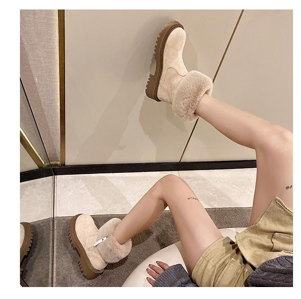 Furry Short Tube Platform Snow Boots Women round Toe Side Zipper Velvet Warm Cotton Shoes