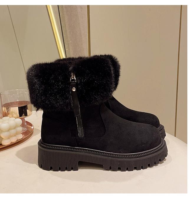 Furry Short Tube Platform Snow Boots Women round Toe Side Zipper Velvet Warm Cotton Shoes