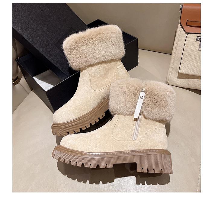 Furry Short Tube Platform Snow Boots Women round Toe Side Zipper Velvet Warm Cotton Shoes