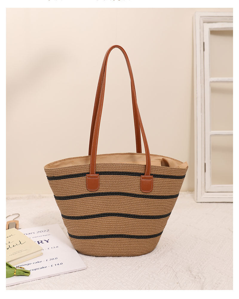 Striped Shoulder Straw Bag Woven Bag Summer Large Capacity Casual All Match Women Seaside Beach Rattan Woven Bag