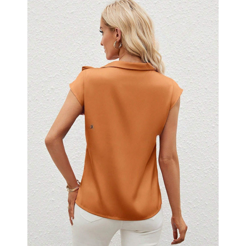 Half Open Collar Bow Satin Top Special Interest Design Satin Women Clothing T shirt