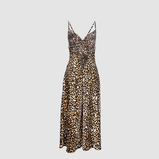 Sleeveless Slim Fit Sexy Leopard Strap Dress V neck Maxi Dress