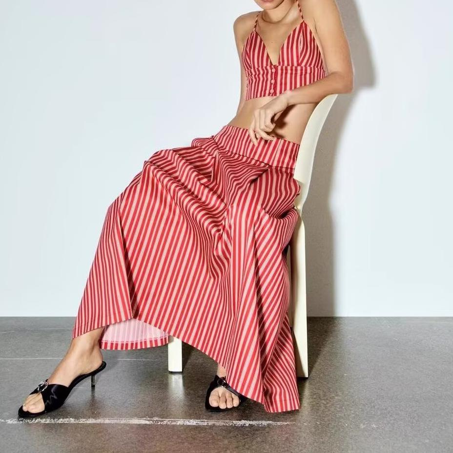 Women Striped Spaghetti Straps Short Top High Waist Midi Skirt Two Piece Sets