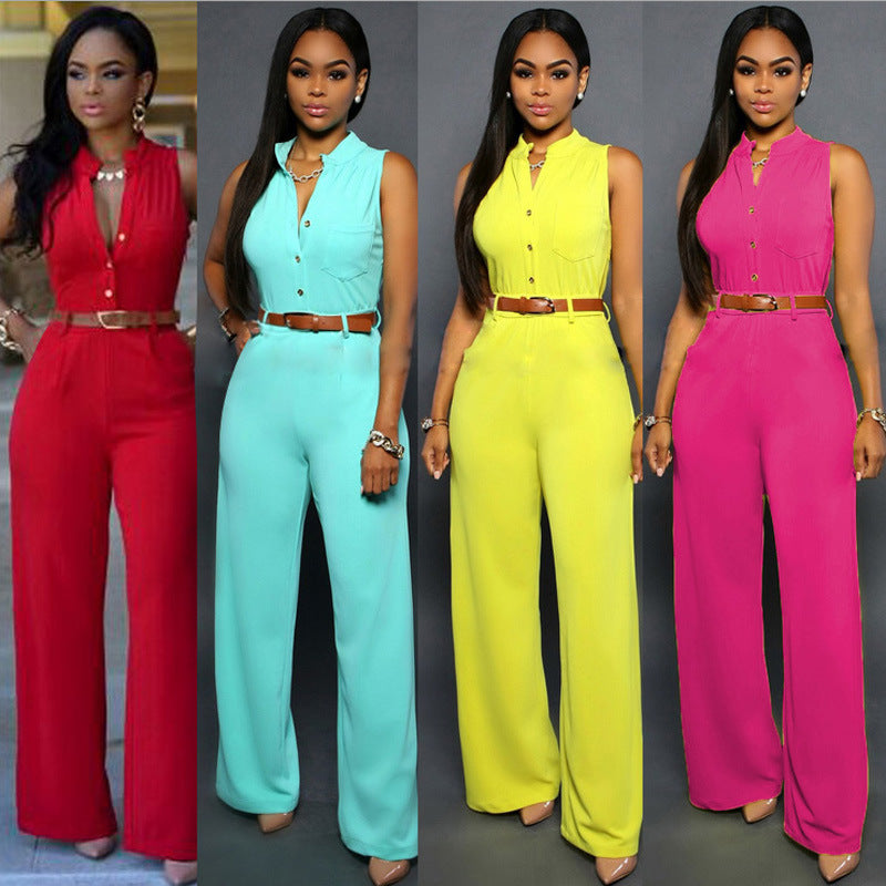 Women Clothing Single Breasted High Waist with Belt Wide Leg Pants Jumpsuit