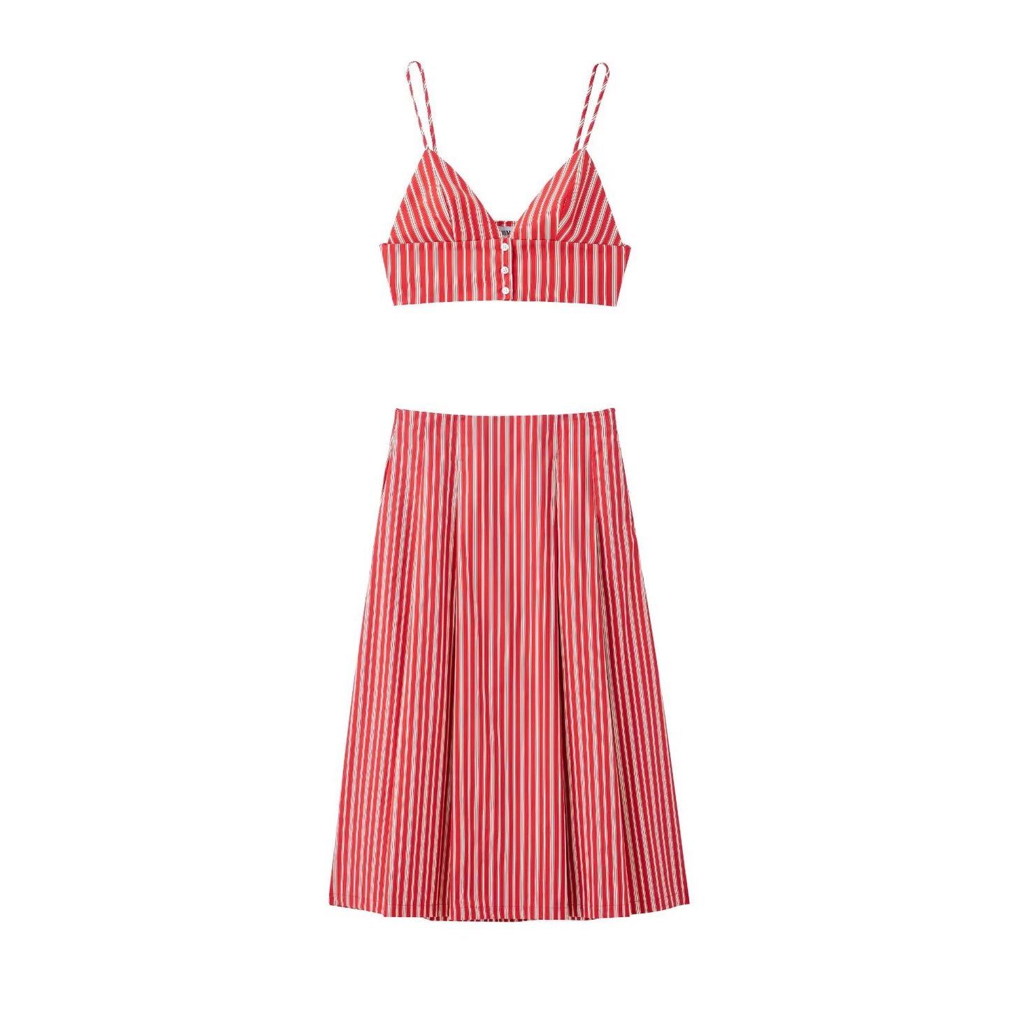 Spring Striped Short Sling Top Midi Dress Two Piece Sets