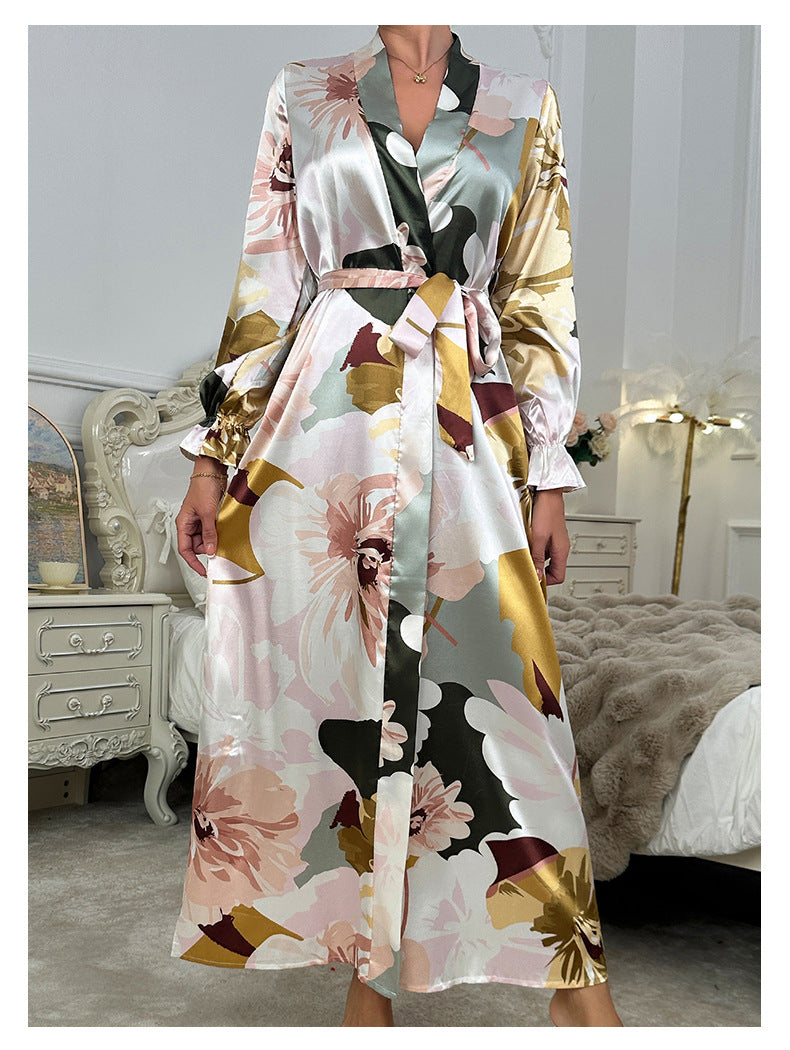 Sexy Long Pajamas Women Long Sleeve Women Bathrobe Comfortable Satin Printed Nightgown Home Wear
