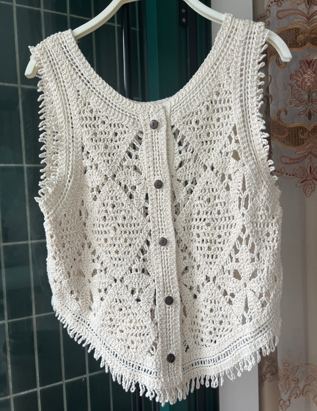 Women Spring And Autumn Cutout Crochet Weave Hem Fringe Vest
