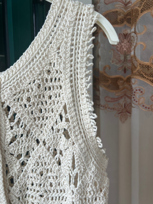 Women Spring And Autumn Cutout Crochet Weave Hem Fringe Vest