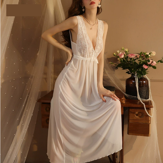 Sexy Mesh See through Seduction Pajamas Long Fairy Pure Nightdress Sweet Home Wear