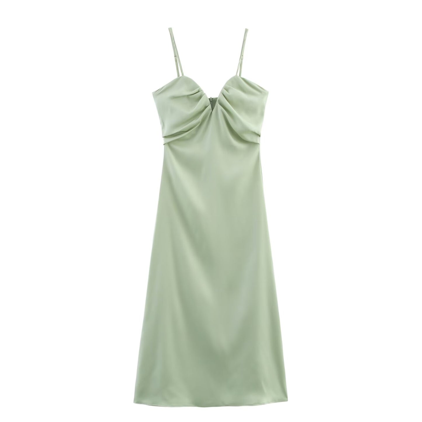Women Clothing Spring Heart Shaped Collar Silk Satin Texture Midi Dress