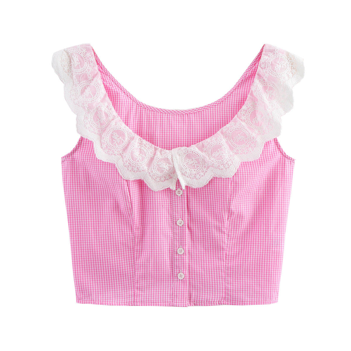 Women Clothing Elegant Slim Lace Stitching Plaid Short Top