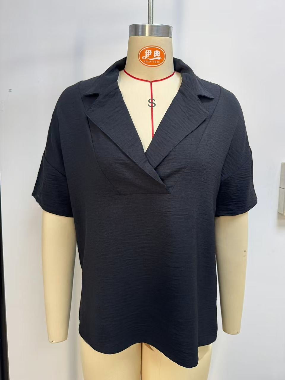 Women Summer Short Sleeve Collared Casual Loose Top Solid Color Shirt