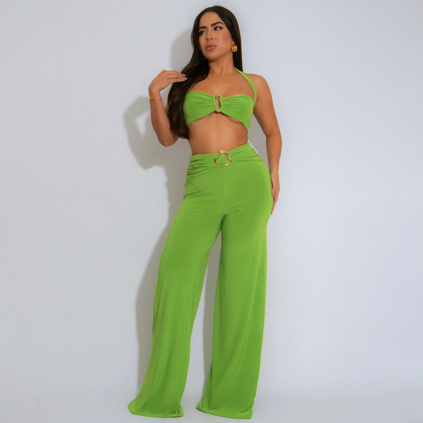 Women Clothing Summer Decorative Buckle Solid Color Sexy Halter Two Piece Set