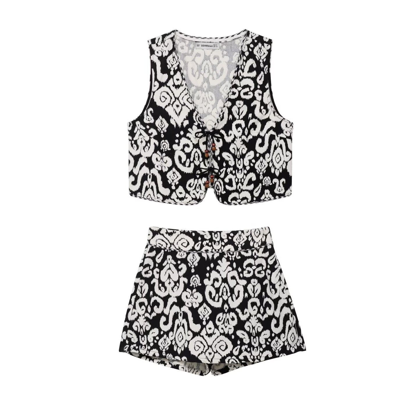 Women Clothing at Printed V neck Sleeveless Vest Waistcoat Shorts Two Piece Sets