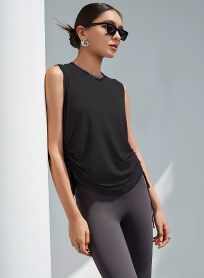 Spring Summer Drawstring Sports Top Women Loose Casual Quick Drying Sleeveless Yoga Vest Thin Workout Top
