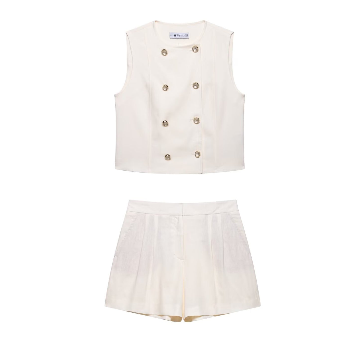 Women Clothing Summer round Neck Double Row Button Vest Shorts Two Piece Sets Women