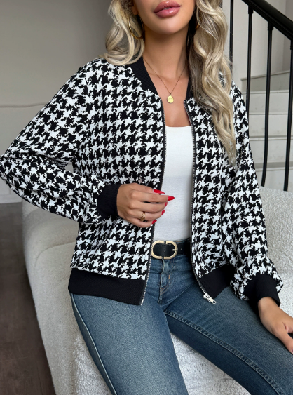 Autumn Zipper Houndstooth Jacket Loose Slim Fit Casual Shacket Women