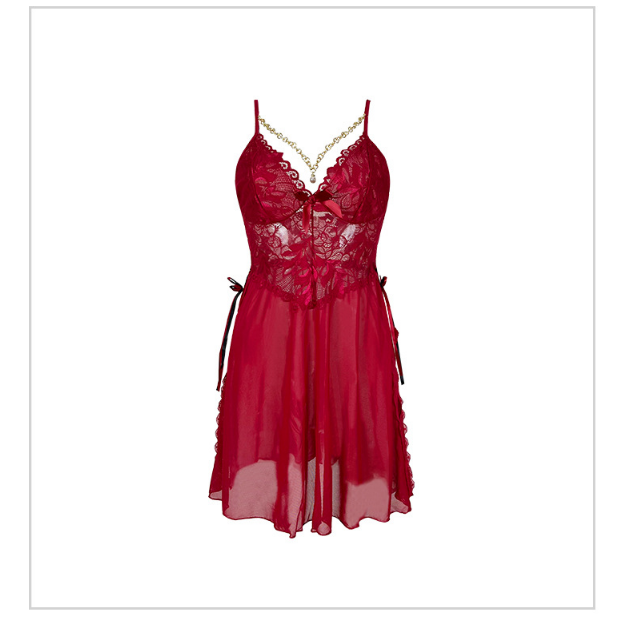 Sexy Lace Pearl Gold Chain Slip Nightdress Mesh Split Temptation Color Bow Decorative Pajamas