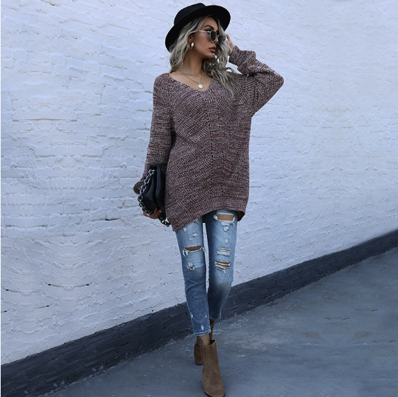 Autumn Casual Women Wear Mid Length Mixed Color Long Sleeve Loose V neck Sweater