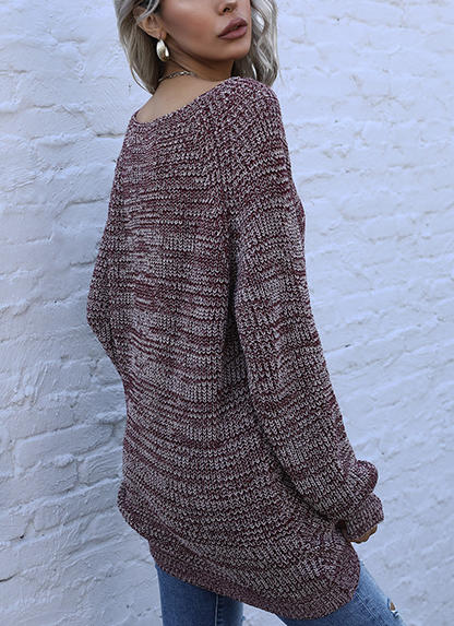 Autumn Casual Women Wear Mid Length Mixed Color Long Sleeve Loose V neck Sweater