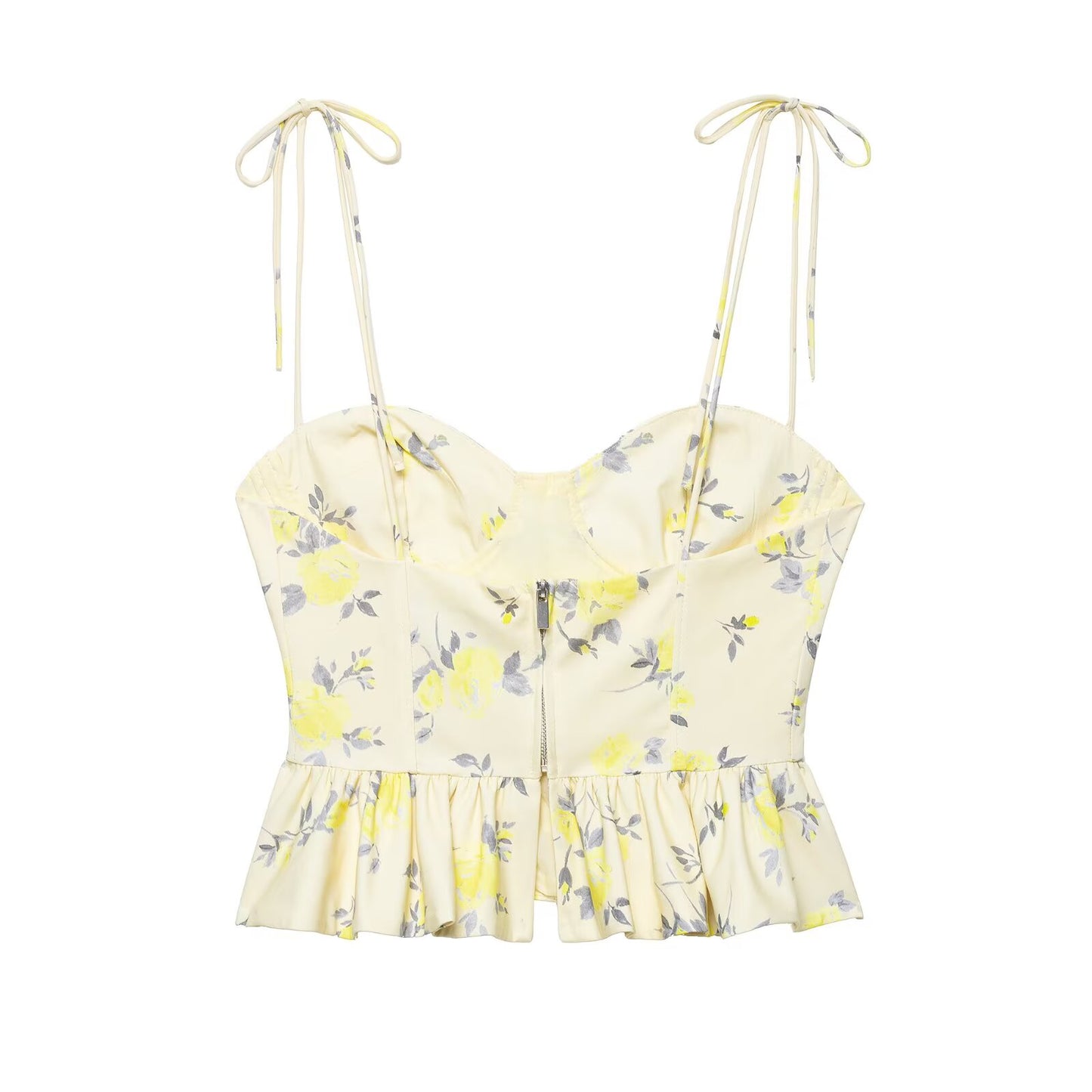 Summer Slim Fit Short Lace up Camisole Vacation Floral Print Poplin Top