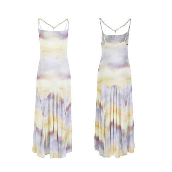 Breathable Comfortable Dress Women Printed Suspender Dress Mesh Swing Collar Nightdress