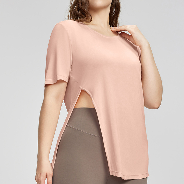 Plus Size Yoga Clothes Blouse Women Summer Loose Breathable Thigh Length Casual T shirt Side Slit Exercise Short Sleeve