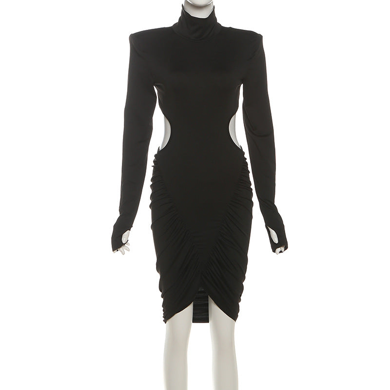 Autumn Sexy Turtleneck Backless Ruffle Hip Short Dress Long Sleeve Dress
