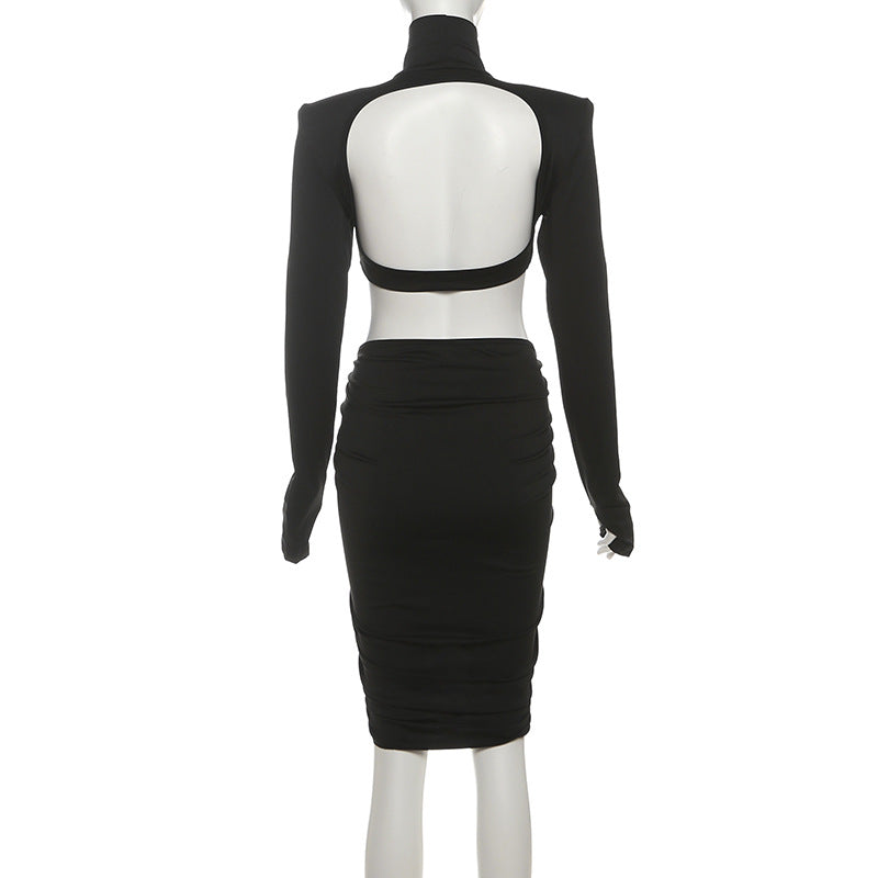 Autumn Sexy Turtleneck Backless Ruffle Hip Short Dress Long Sleeve Dress