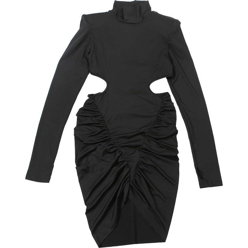 Autumn Sexy Turtleneck Backless Ruffle Hip Short Dress Long Sleeve Dress