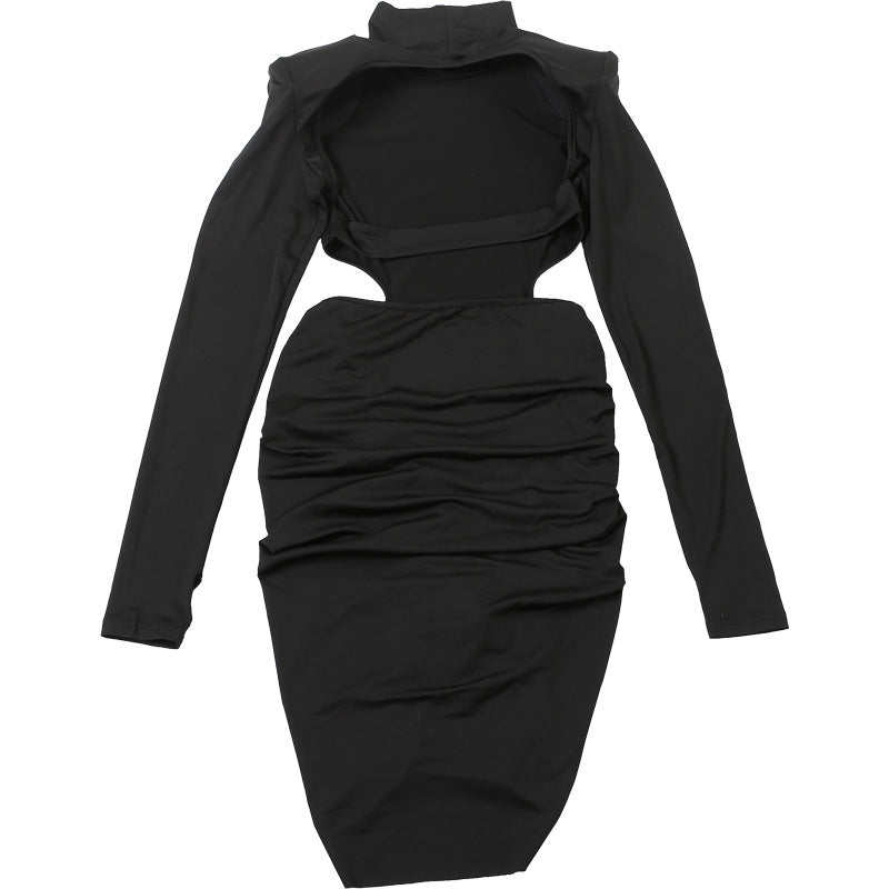 Autumn Sexy Turtleneck Backless Ruffle Hip Short Dress Long Sleeve Dress