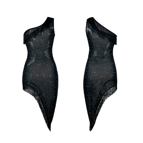 Single Shoulder Rhinestone Mesh Seduction Nightdress Tassel Irregular Asymmetric See through Home Sexy Home Wear