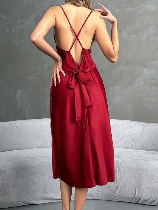 Simple Women Clothing Solid Color Satin Long Sexy Suspenders Swing Collar Nightdress Home Wear Pajamas
