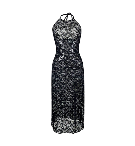 Sexy Lace Halter Dress Backless High Waist Slit Slim-Fitting Close Fitting Nightdress