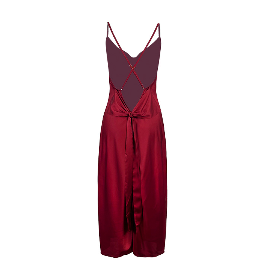 Solid Color Satin Long Cross Backless Sexy Suspenders Swing Collar Nightdress Home Wear Pajamas