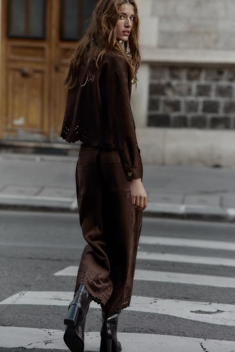 Autumn Women Casual Loose Hollow Out Cutout Hem Coat Trousers Two Piece Sets