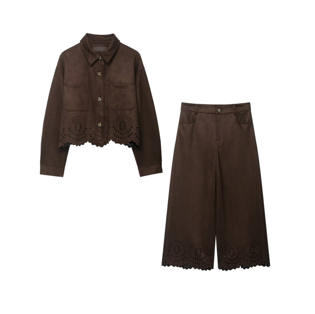Autumn Women Casual Loose Hollow Out Cutout Hem Coat Trousers Two Piece Sets